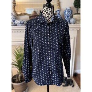 Talbots Blue Blouse 12 Nautical Anchors Ship Sailing Boating Preppy Button Front
